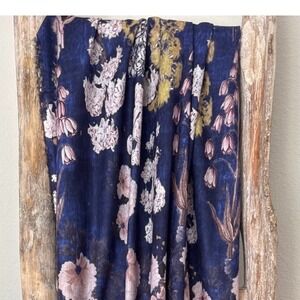 Women's navy blue floral scarf with fringed edges vintage-inspired designs 70x32
